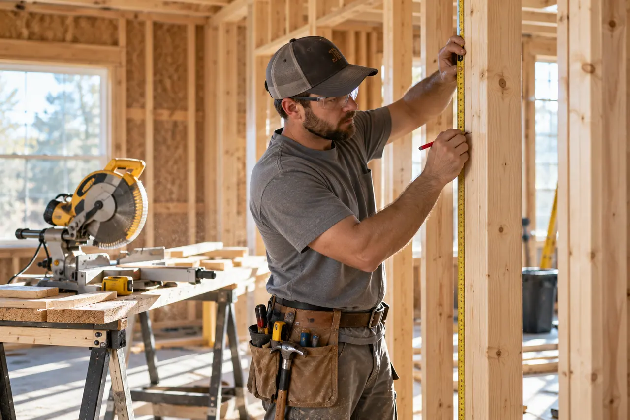 A carpenter measuring and marking a timber stud inside a half-finished framed room