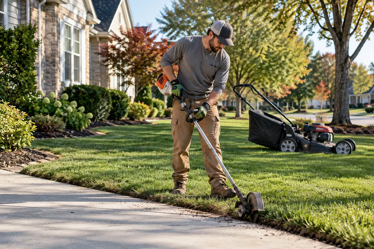 A landscaper edging the lawn of a suburban house on a clear morning, mower behind them